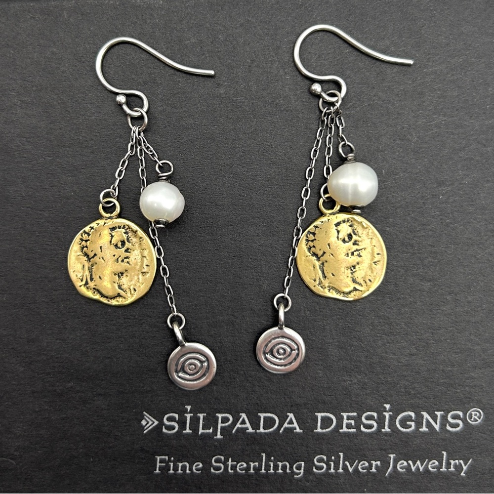 Vintage Silpada Earrings 925 Sterling Silver Brass Disc Pearl Chain Dangle 2”